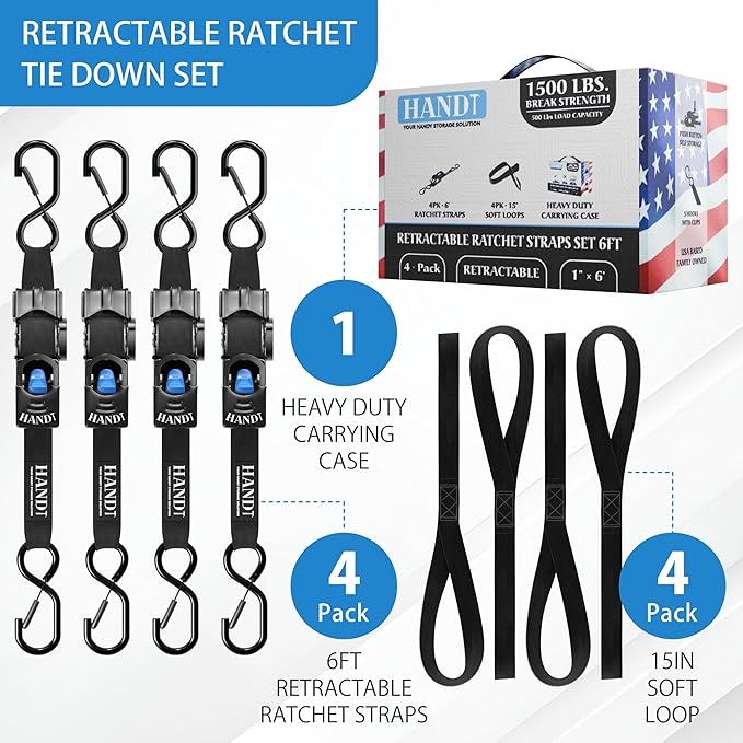 HandT USA Based Retractable Ratchet Straps 1in x 6ft - Image 4