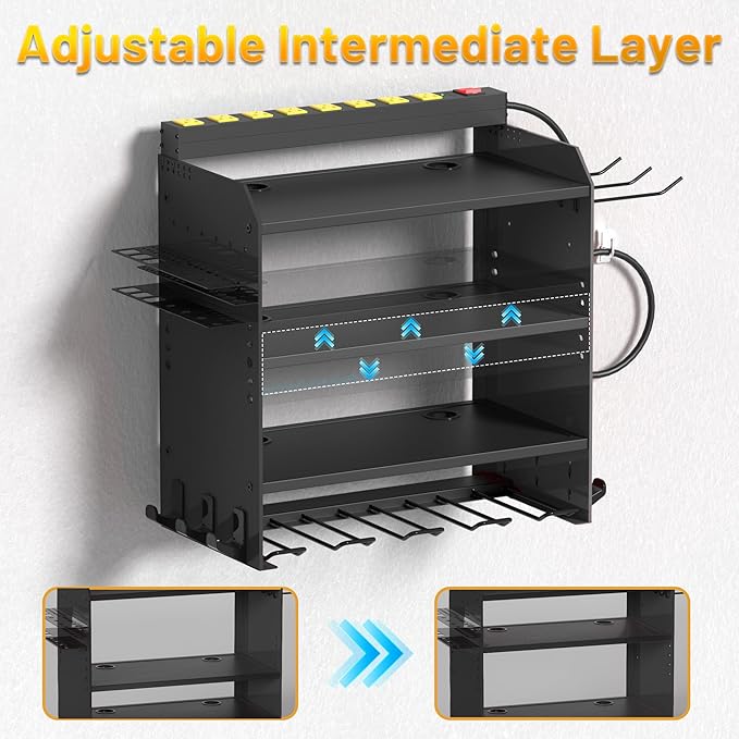 4-Layer Wall-Mounted Power Tool Organizer Rack, Heavy Duty Adjustable Shelves - Image 4