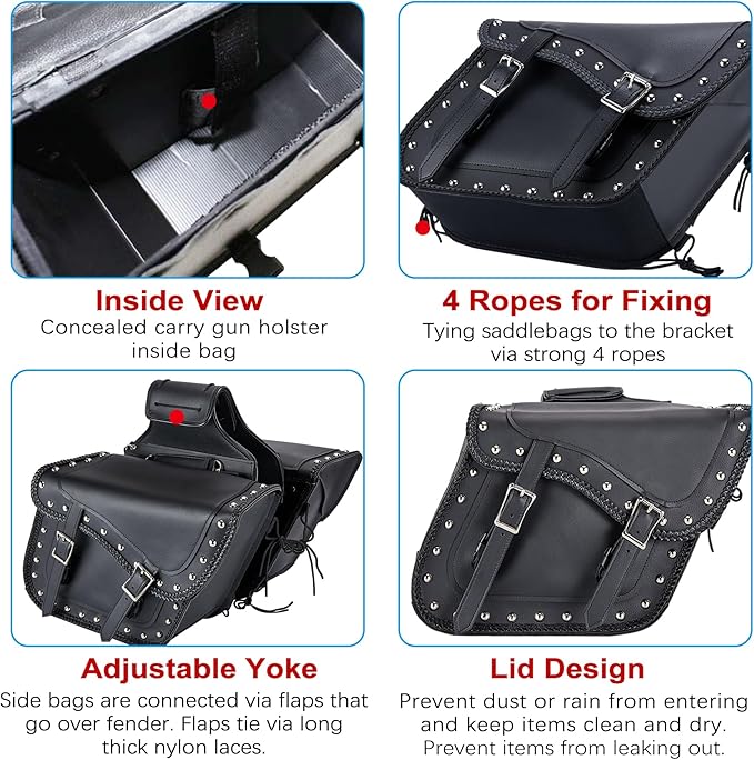 Dream Apparel Naked Cowhide Leather Motorcycle Saddle Bags Studded Throw Over - Image 5
