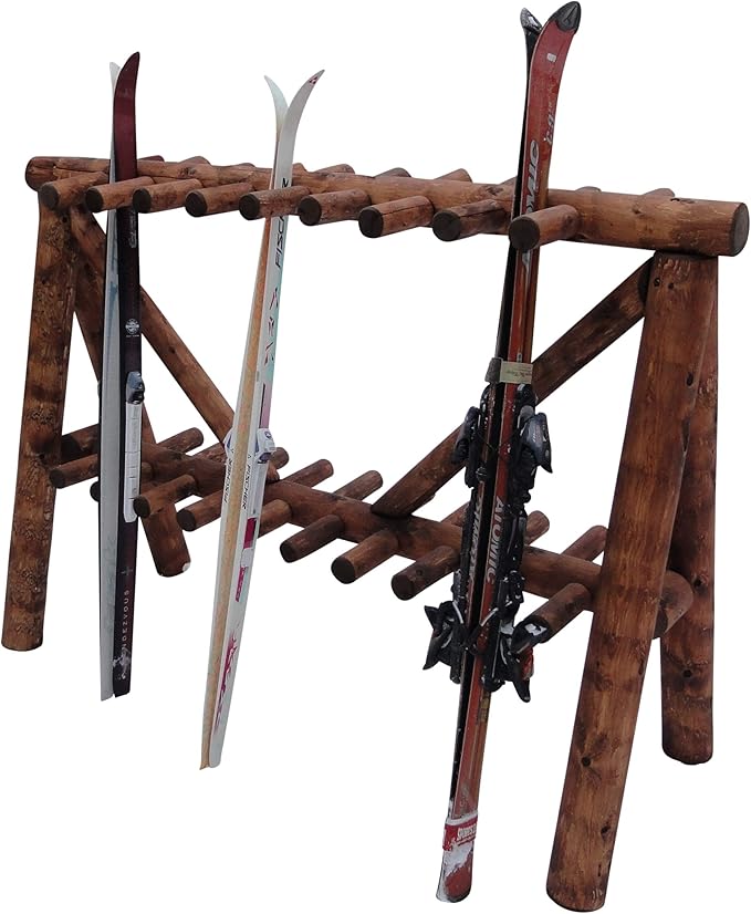 21-Place Freestanding Log Ski Rack Holder, Indoor & Outdoor Snowboard Racks by LogKayakRack