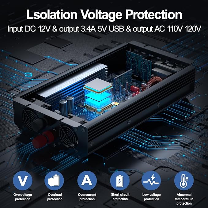 3000W Power Inverter, Peak Power 6000W 12V DC to AC 110V120V, Remote Control - Image 4