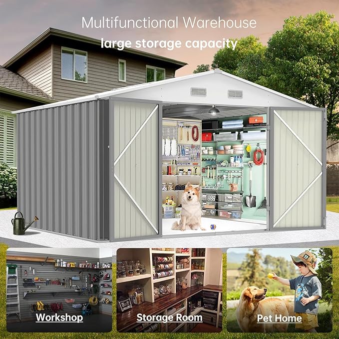10X12FT Outdoor Metal Storage Shed, Lockable Weatherproof Garden Shed - Image 6