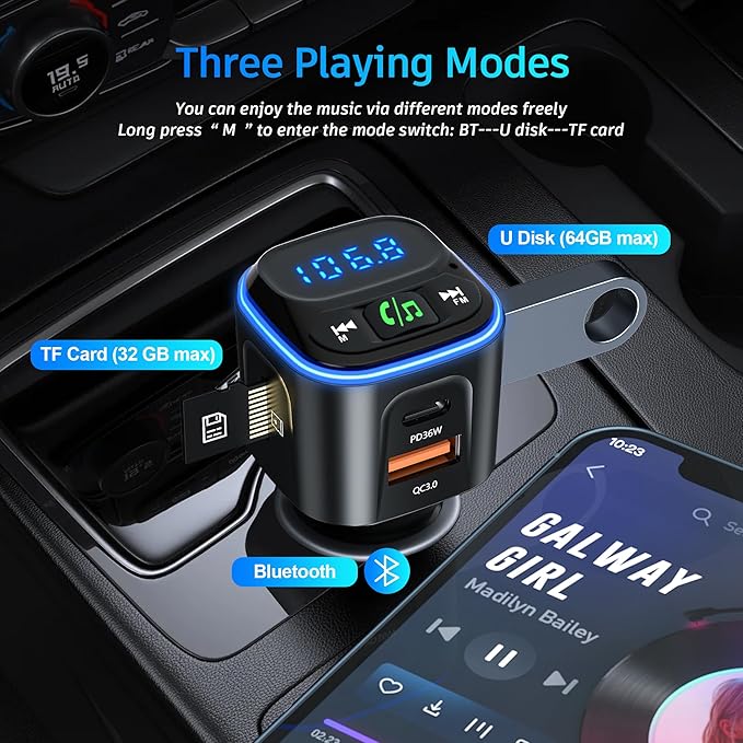 Bluetooth 5.3 FM Transmitter Car Adapter Wireless Radio Adapter HiFi Bass Sound - Image 3