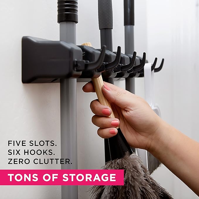 Combo 5 Slot Broom Holder w/ 1 Self Adhesive Mop Gripper No-Drilling, Wall - Image 8