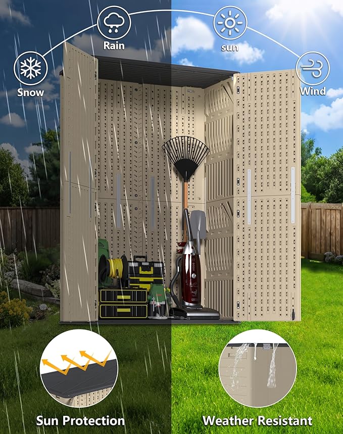 60 Cu.Ft Vertical Outdoor Storage Shed, Weatherproof Outdoor Tall Cabinet - Image 5