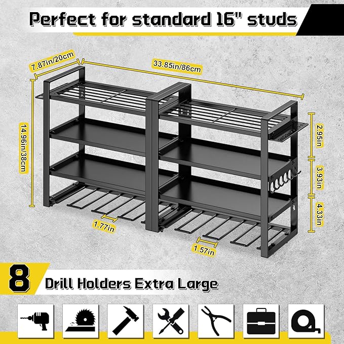 Large Power Tool Organizer Wall Mount, 8 Cordless Drill Holder, 4 Tier Metal - Image 3