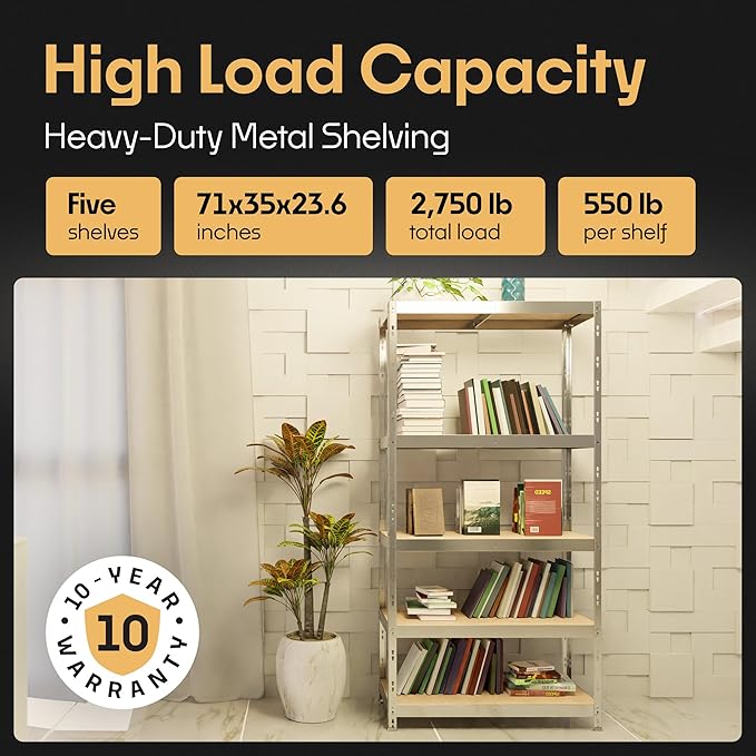 Storage Shelves: 5 Storage Shelves Heavy Duty w/ 2, 750 lb Total Load Capacity - Image 3