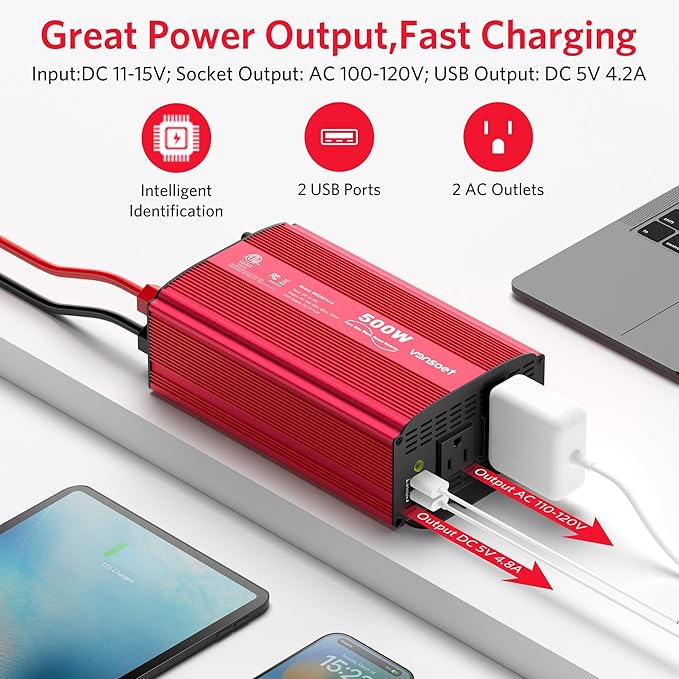500W Pure Sine Wave Power Inverter, DC 12V to 110V AC Car Plug Inverter Adapter - Image 2