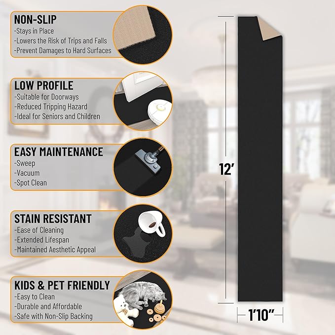 Ottomanson Hallway Runner Rug 1'10" x 12' Non Slip Solid Area Rugs Easy to - Image 2