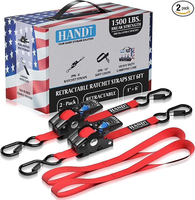 HandT USA Based Retractable Ratchet Straps 1in x 6ft by HANDT