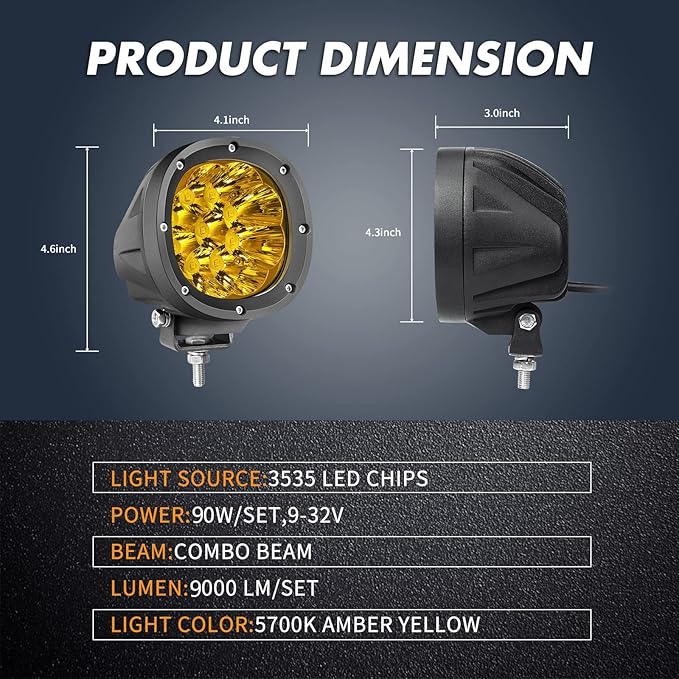 YCHOW-TECH 2PCS 4 Inch LED Amber Fog Lights 90W Yellow Round Offroad Light Bar - Image 2