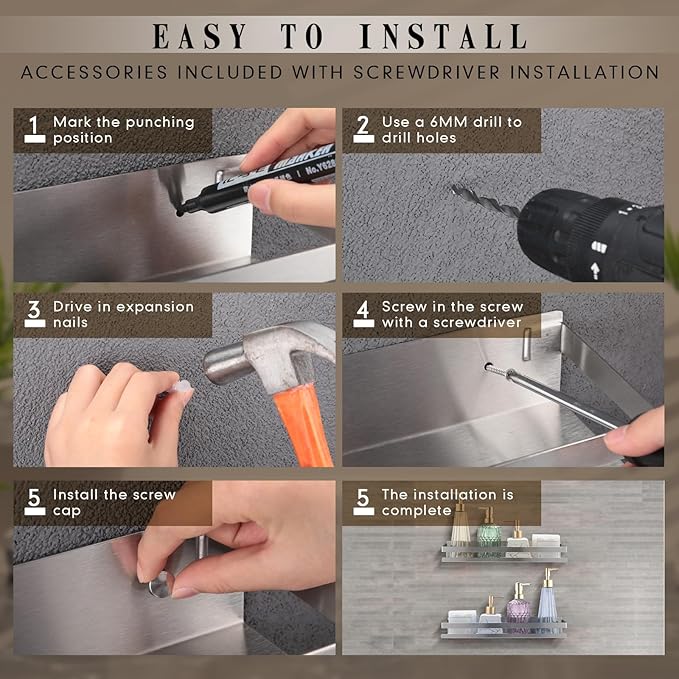 Lallisa 2 Pieces Stainless Steel Shelf Bathroom Shower Floating Shelves Wall - Image 5