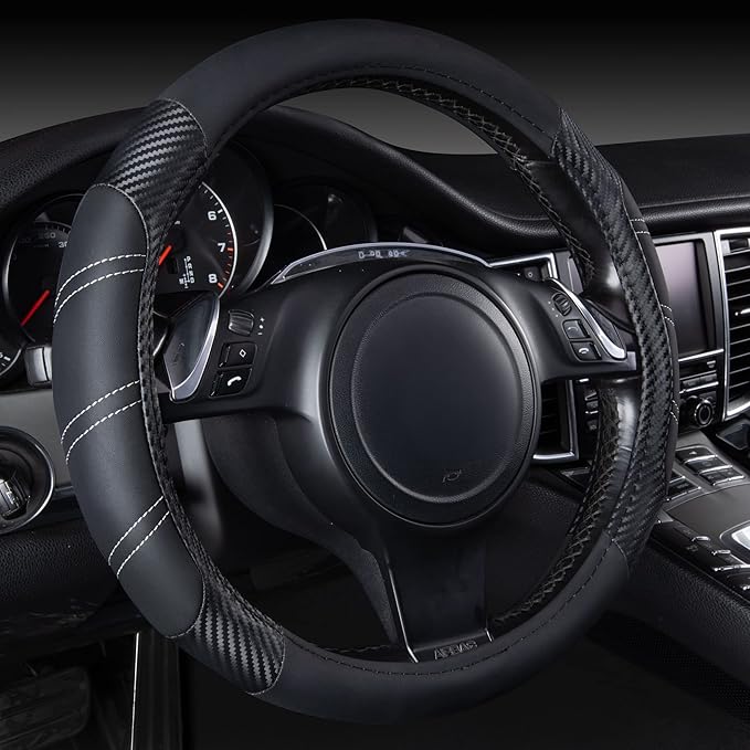 CAR PASS Line Rider Microfiber Leather Sporty 14.5-15 inch Steering Wheel Cover by CARPASS