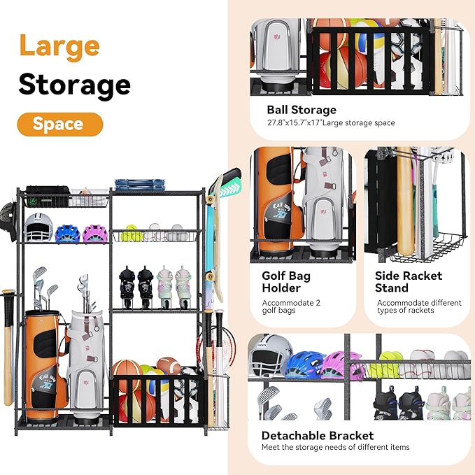 HOMREST Sports Equipment Storage, 2 Golf Bag Storage Stand, Ball Holder - Image 6