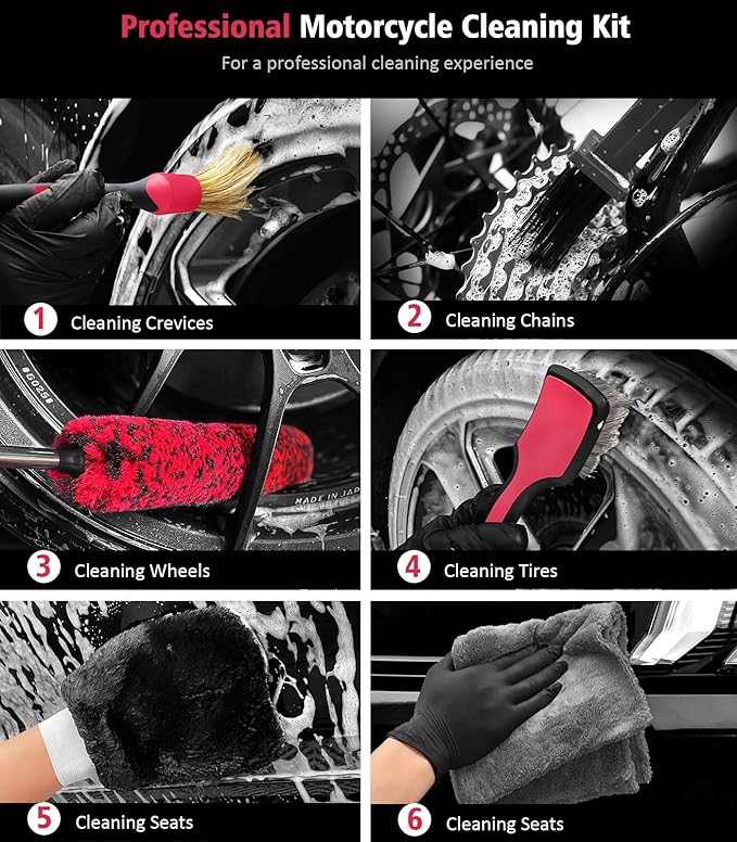 6PCS Motorcycle Cleaning Kit, Wool Wheel Brush, Tire and Chain Brush, Detailing - Image 2