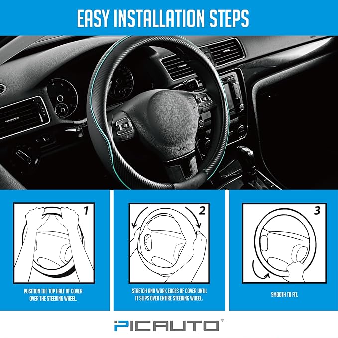 PIC AUTO Steering Wheel Cover, Mint Piping Leather, Sports Carbon Fiber and - Image 7
