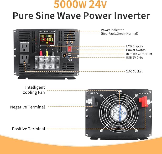 5000 Watt Pure Sine Wave Power Inverter DC 24V to 110V/120V AC Converter - Image 2