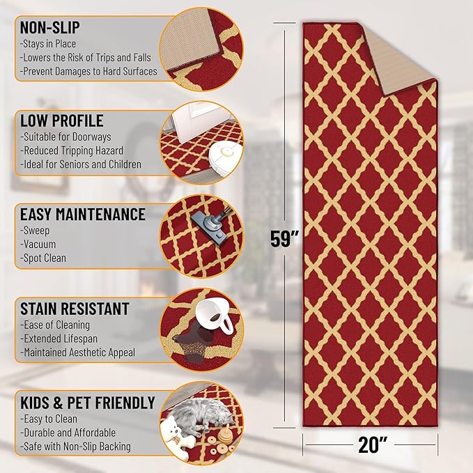 Ottomanson Hallway Runner Rug 20" x 59" Non Slip Trellis Area Rugs Easy to - Image 2