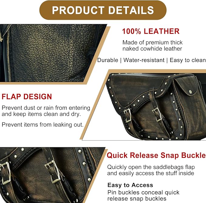 Dream Apparel Naked Cowhide Leather Motorcycle Saddle Bags Studded Throw Over - Image 2