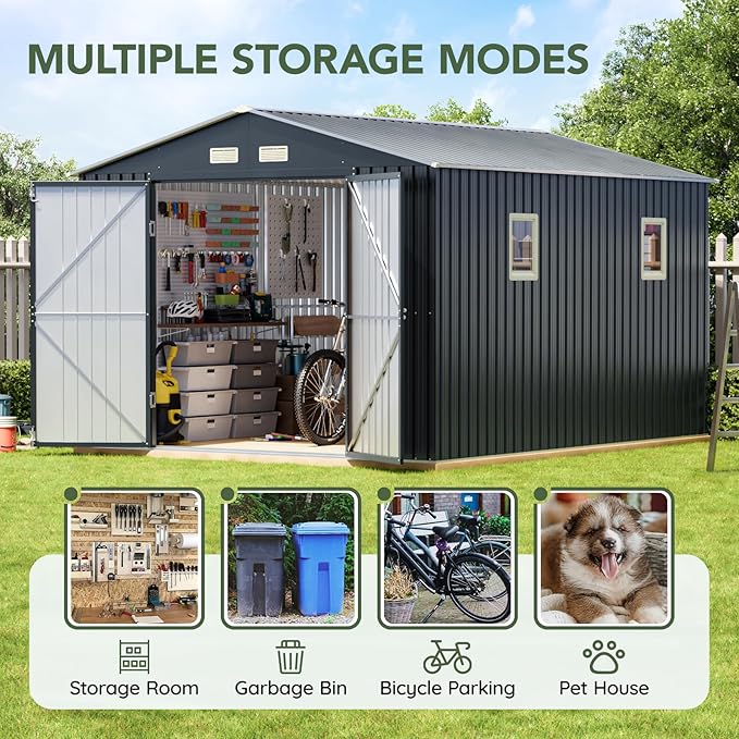 10x10 FT Outdoor Metal Storage Shed, Double Swing Doors, 2 Clear Windows - Image 3
