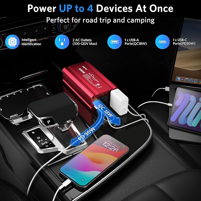 BESTEK 400W Car Power Inverter DC 12V to AC 110V Car Plug T-Type Sine Wave - Image 6