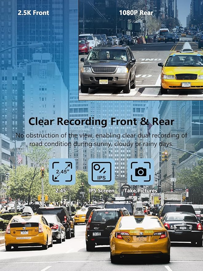 Dash Cam Front and Rear, 2.5K+1080P Dual Dash Camera - Image 3