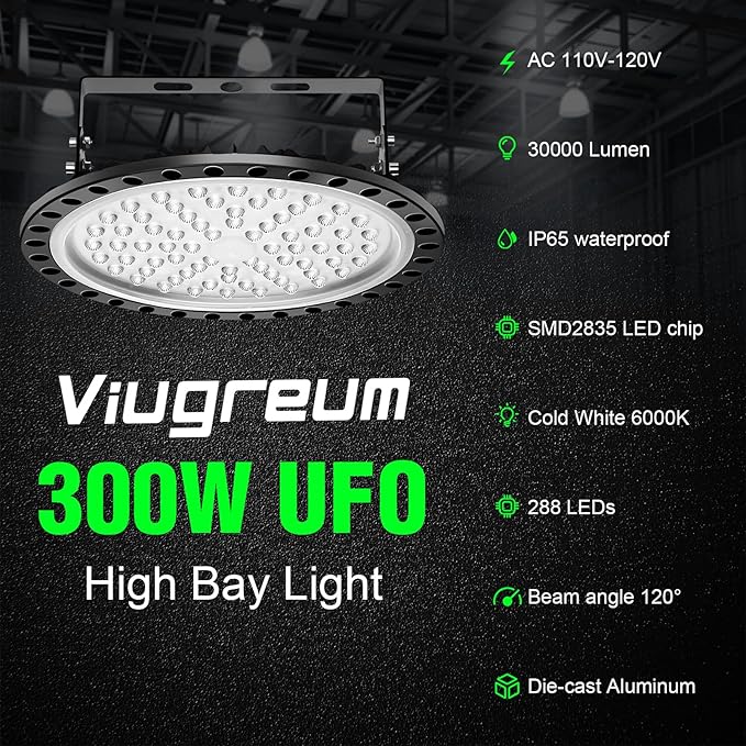 Viugreum High Bay LED Shop Lights, 300W UFO LED High Bay Light 30, 000LM 120V - Image 8