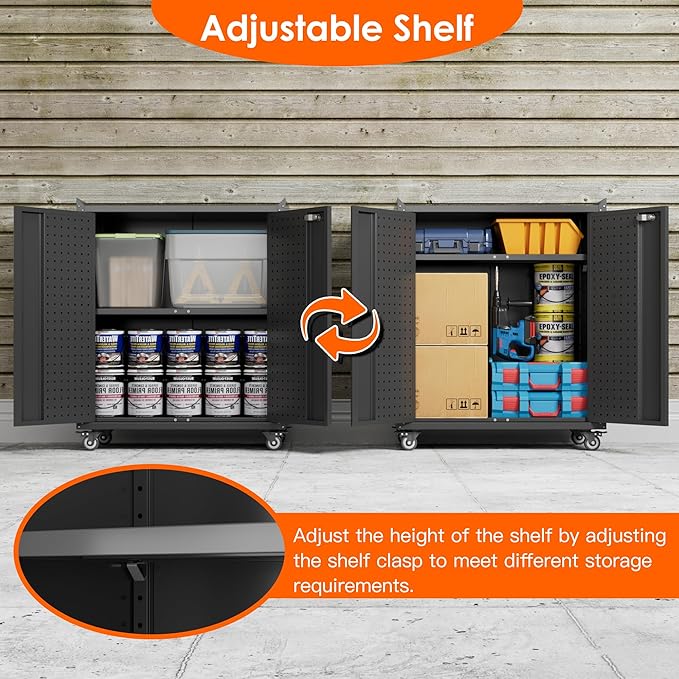Garage Storage Cabinet with Wheels & Pegboard, 34.3" H Locking Metal Tool - Image 3