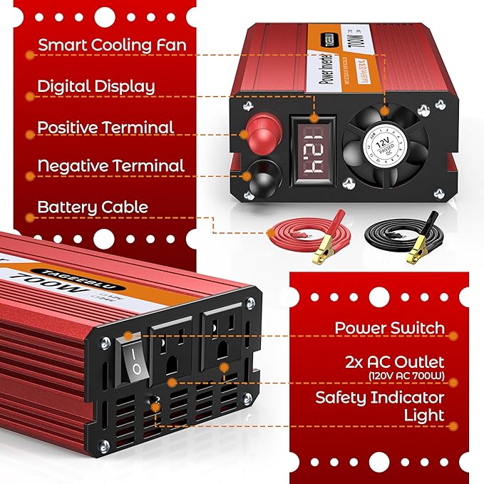 700W Power Inverter, DC 12V to 110V AC Car Inverter - Image 7
