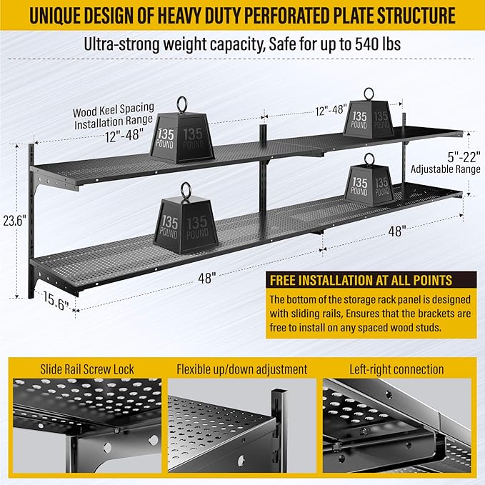 2-Pack 2 Tier 1.3x4ft Garage Shelving Wall Mounted, 800 lbs Load - Image 3