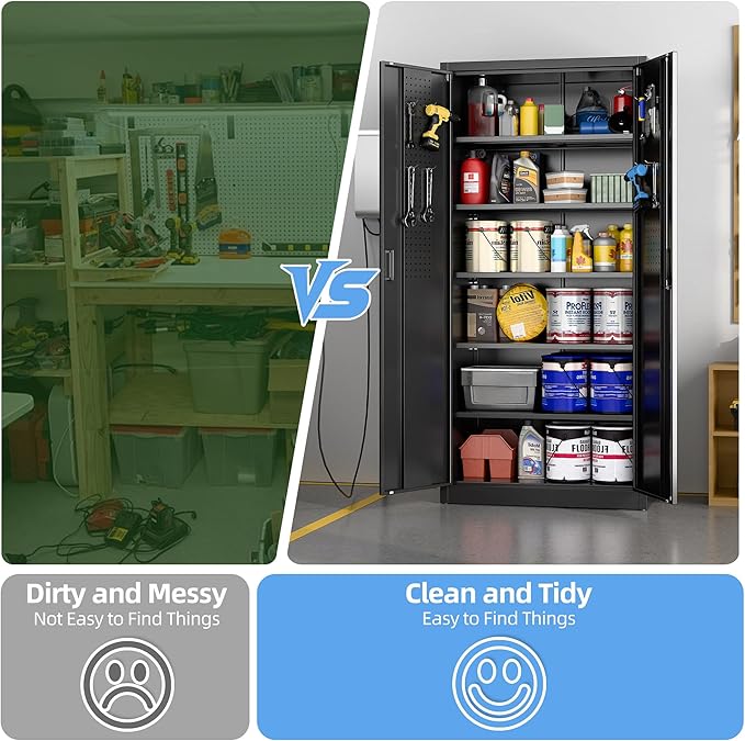 Metal Storage Cabinet with Pegboard 71'' x 34'' x 18'', Lockable Steel Storage - Image 6