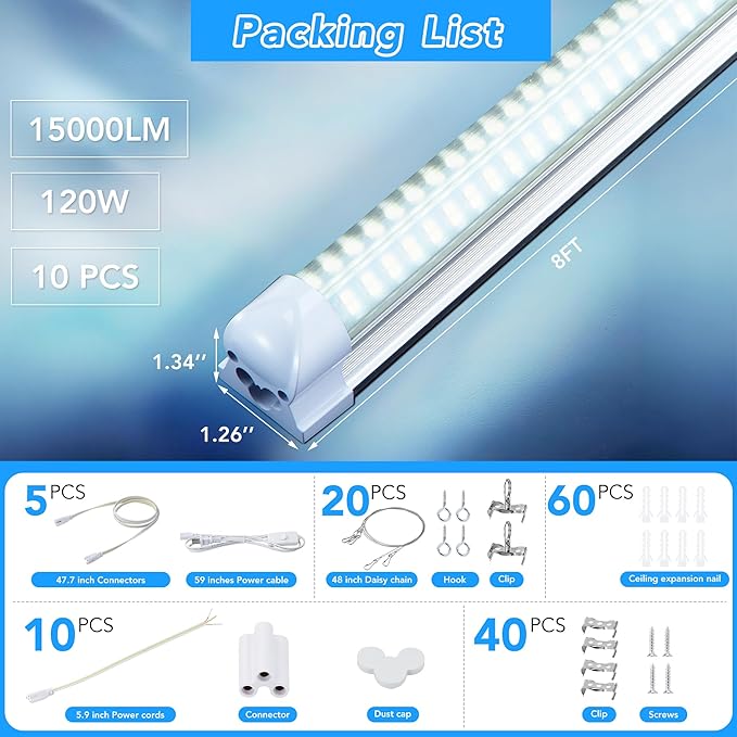10 Pack 8FT T8 LED Shop Lights, 120W Integrated Tube Light, 19200LM 6000-6500K - Image 5