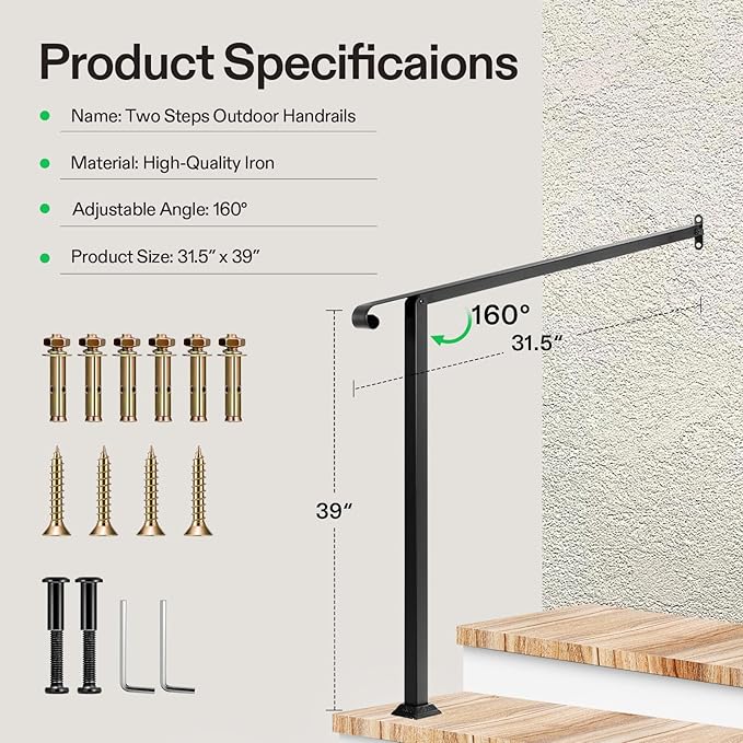 VIVOSUN Outdoor Handrail, 2 Step Stair Handrail, 31.5" x 39" Fits 1 to 2 Steps - Image 2