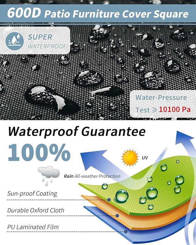 Outdoor Waterproof Furniture Cover, 106W x 106L x 28H inches Heavy Duty 600D - Image 4