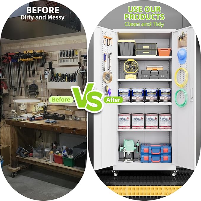 Garage Storage Cabinet with with Pegboard and Wheels, Tool Storage, Home Office - Image 7
