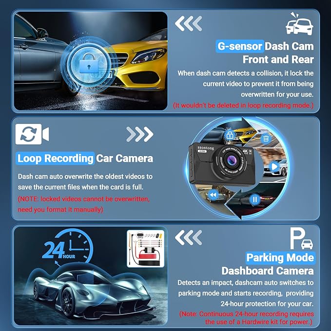 Dash Cam Front and Rear, Dash Cam 4K WiFi/APP Control Dashcam W/ 64GB Card Dash - Image 6