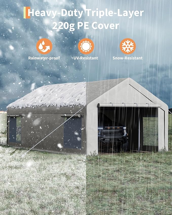 13x25 Ft Carport with 10 Sandbags, Car Port with 220g PE Tarp, 2 Roll-Up Doors - Image 4