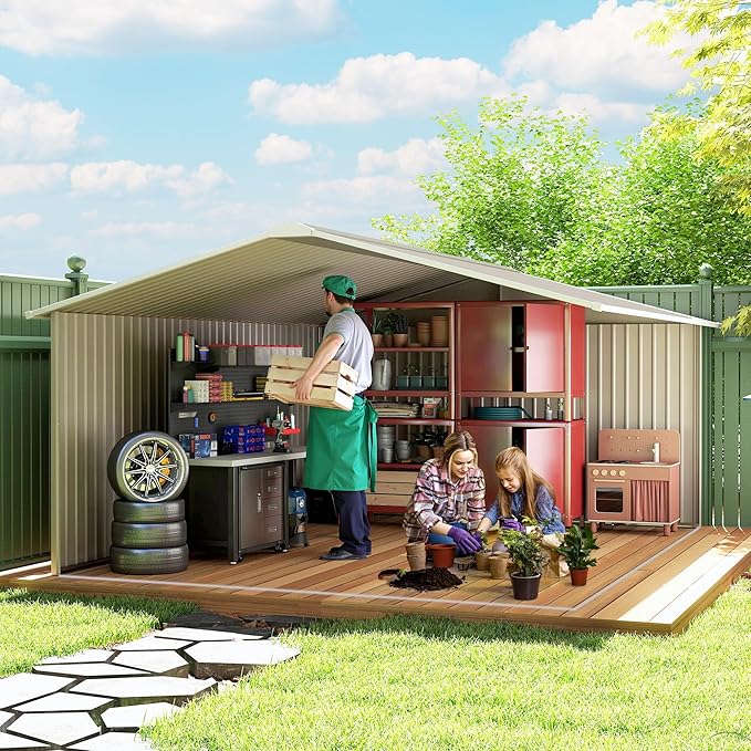 Outsunny 11' x 13' Outdoor Storage Shed, Garden Tool Metal Shed - Image 9