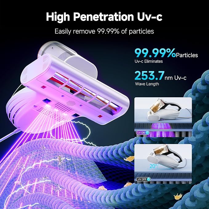 uwant Bed Cleaner with 16Kpa Suction Metal Roller 253.7nm Uv-c Light Mattress - Image 3