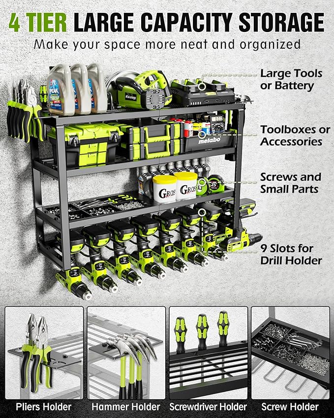 MAXIFFE 4 Layer Power Tool Organizer Wall Mount, Heavy Duty Metal Cordless Tool - Image 2