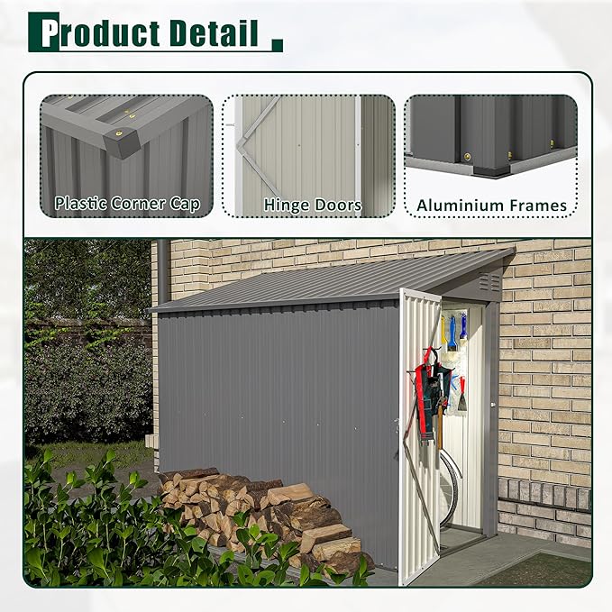 4x8 FT Outdoor Storage Shed, Lean to Metal Shed W/Floor Included, Garden - Image 8