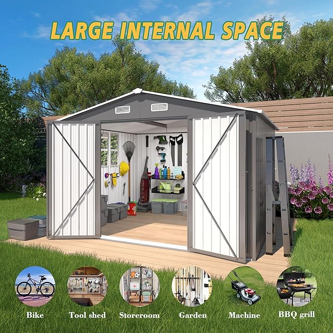 10x8x6.4FT Outdoor Storage Shed, Galvanized Steel Garden Shed - Image 6