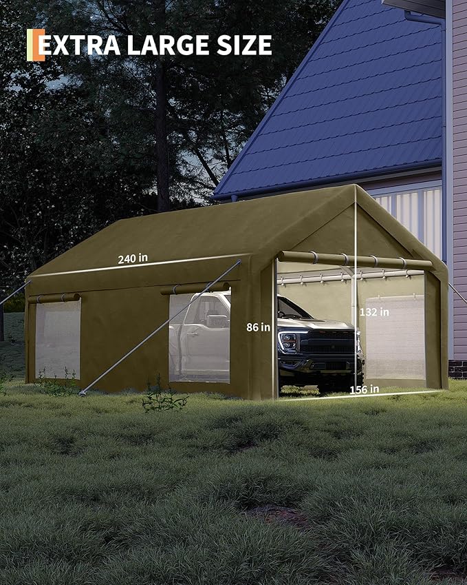 13x20 Ft Carport with 8 Sandbags, Car Port with 220g PE Tarp, 2 Roll-Up Doors - Image 2