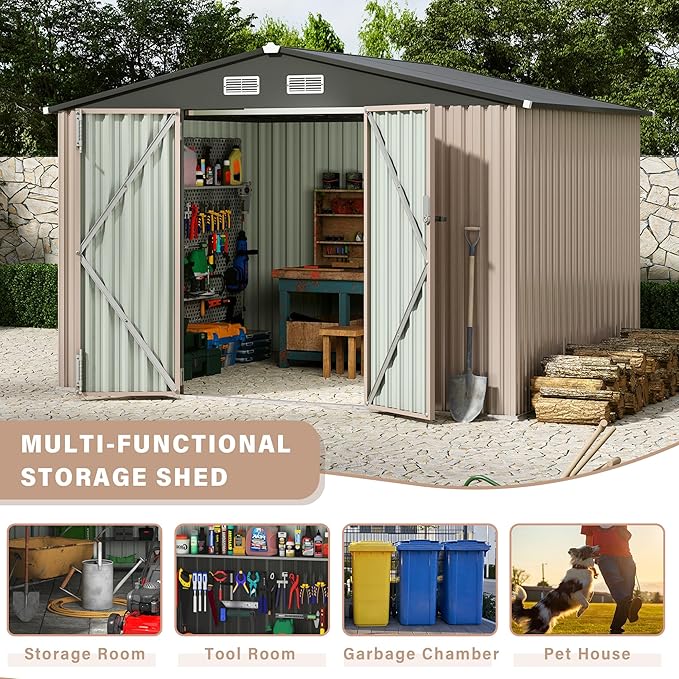 10X12FT Outdoor Metal Storage Shed, Lockable Weatherproof Garden Shed - Image 8