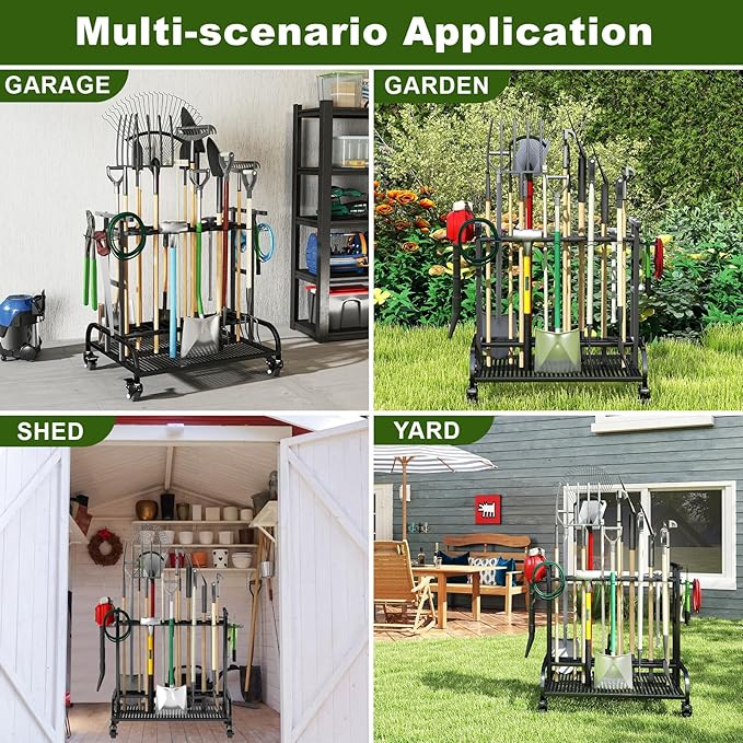 Garden Tool Organizer with Wheels, Large Capacity Garage Tool Rack with Hooks - Image 6