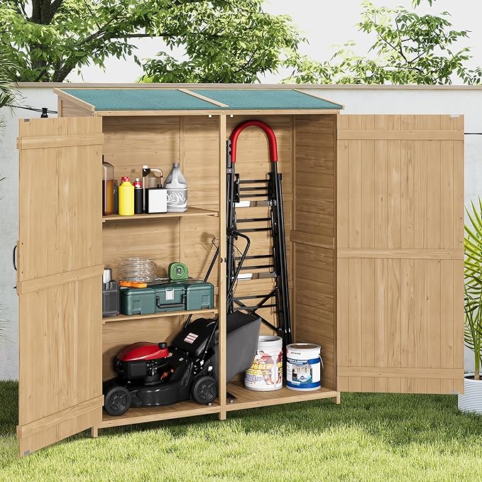 Wooden Outdoor Storage Cabinet, Lockable Double Doors, Removable Shelves - Image 3