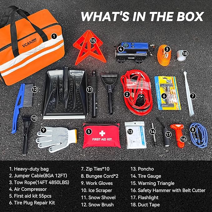 Car Emergency Kit with Portable Air Compressor, Winter Car Safety Roadside - Image 2