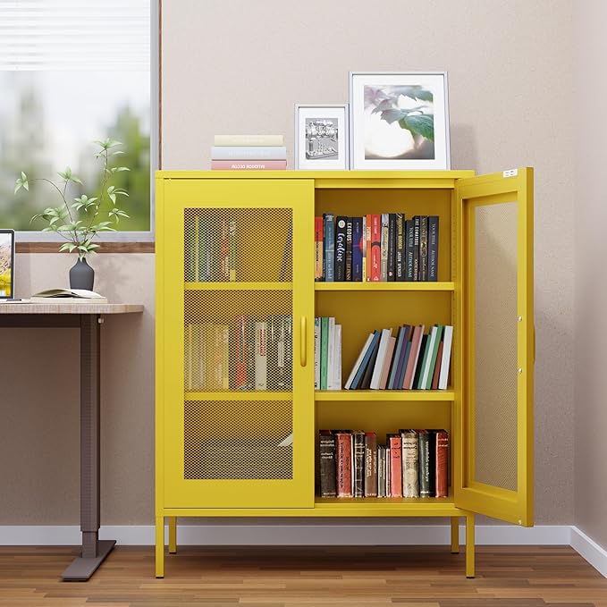 Metal Storage Cabinet with Mesh Doors, Steel Display Cabinet with Adjustable - Image 9