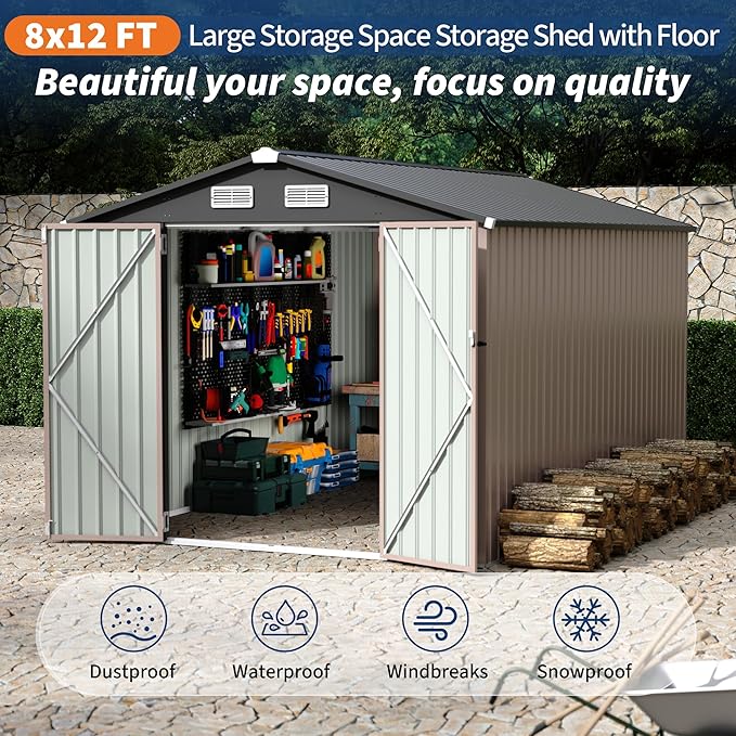 8x12 FT Metal Storage Sheds Outdoor, Metal Yard Sheds Garden Shed Kit, Metals - Image 4