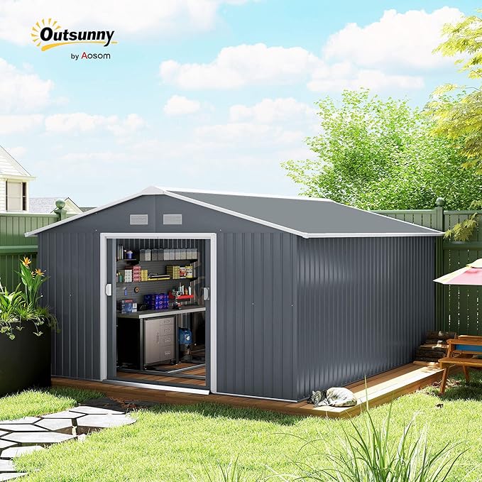 Outsunny 11' x 13' Outdoor Storage Shed, Garden Tool Metal Shed - Image 2